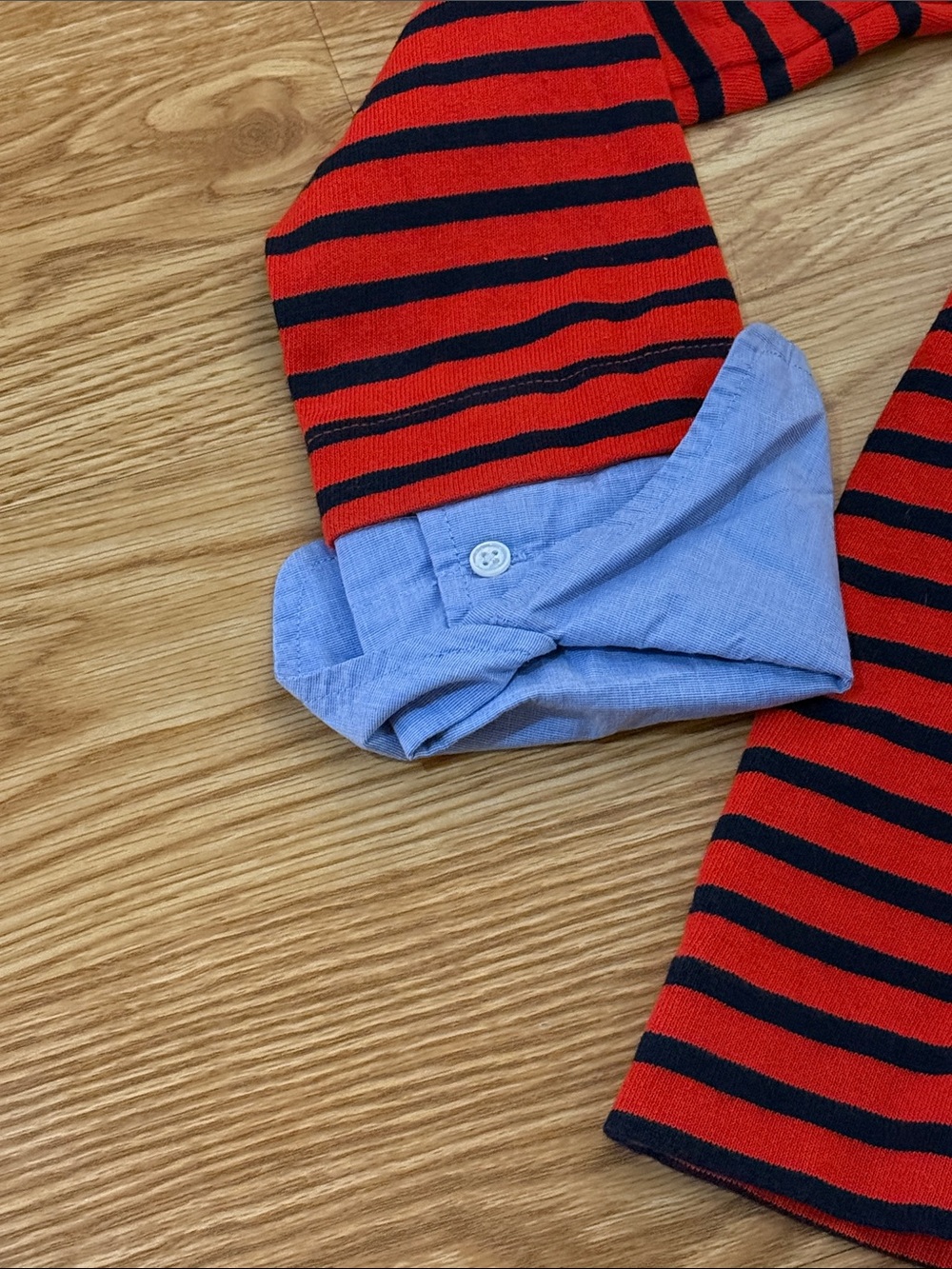 J. Crew Red and Black Striped Long-Sleeve Top with Chambray Cuffs - Picture 3 of 4